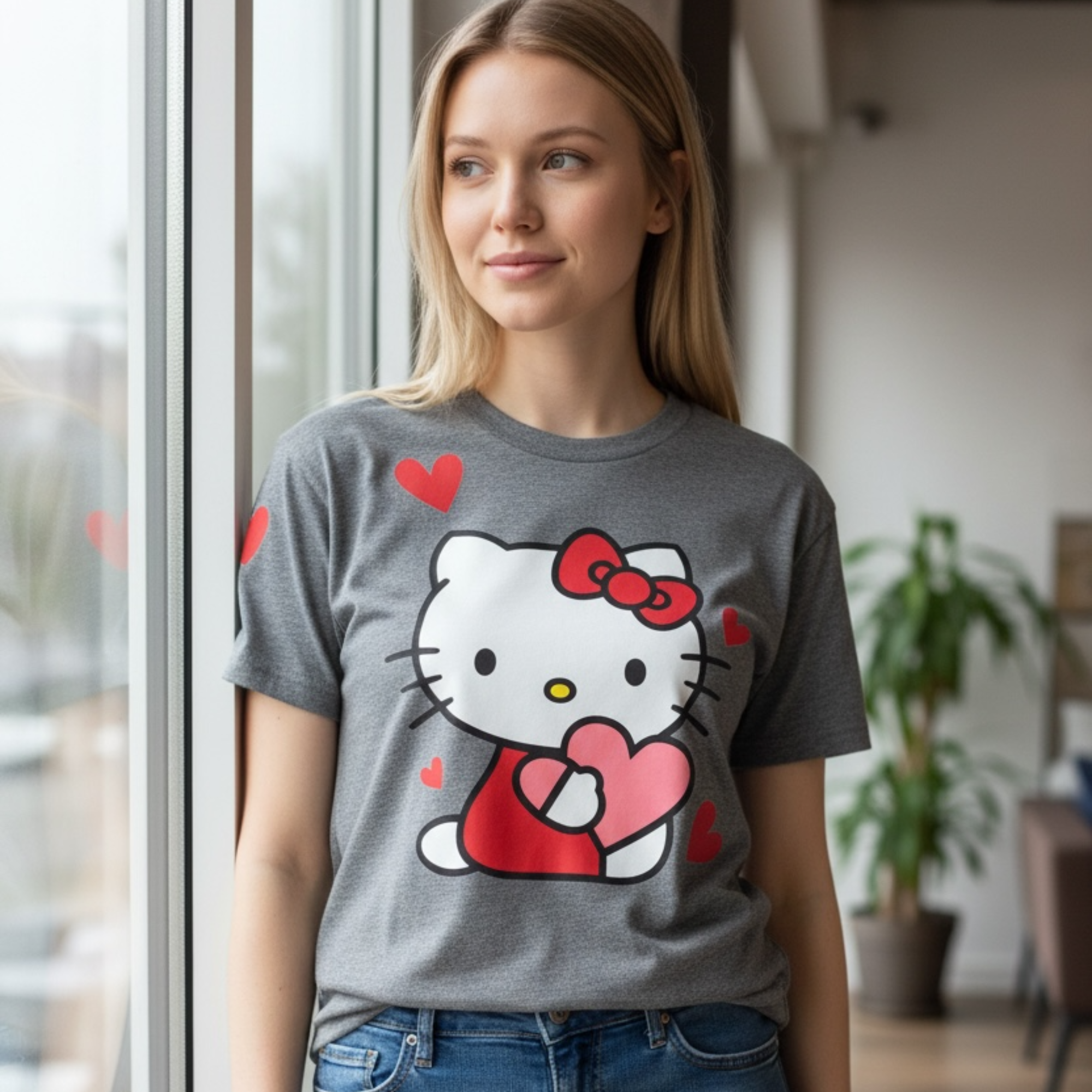 Woman wearing a gray graphic T-shirt with a cute kitty and red heart design, casual indoor lifestyle photo