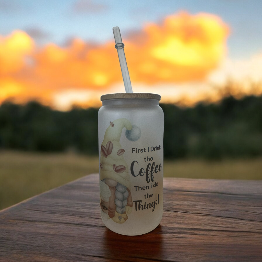 Frosted glass cup 16oz, Iced Coffee Cup, First coffee - Glass Cup with Lid and Straw, Glass Tumbler - Sweet Vision LLC