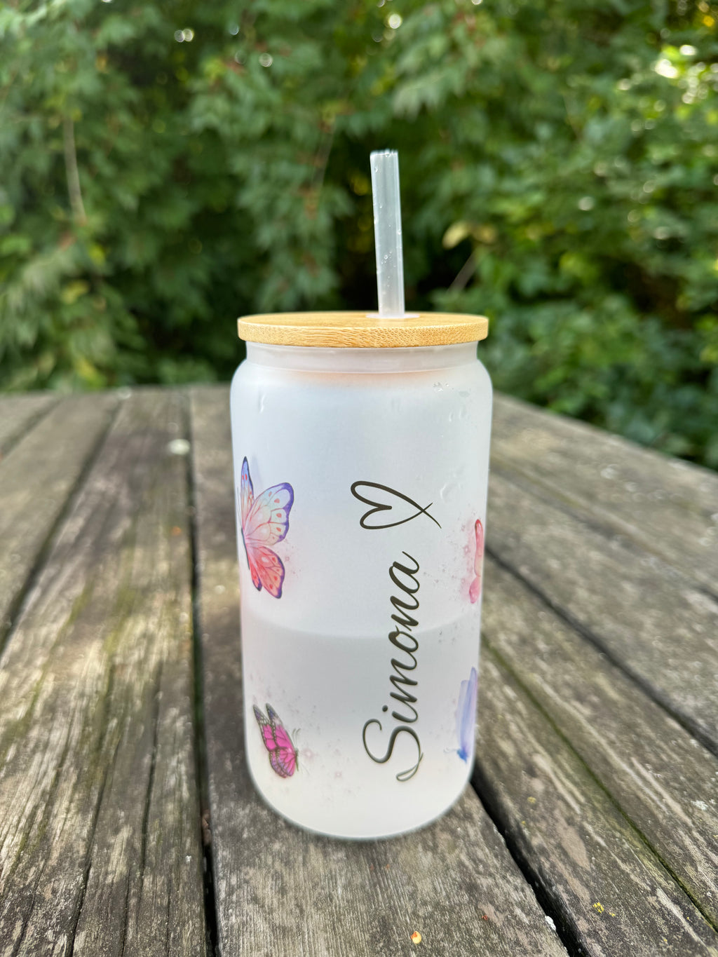 Custom personalized frosted glass cup with lid and straw 16oz - Sweet Vision LLC