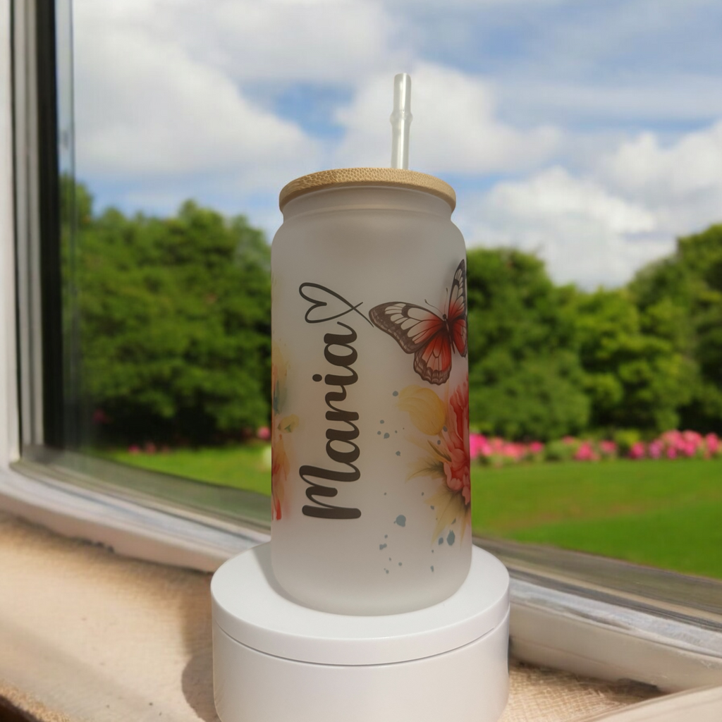 Custom personalized frosted glass cup with lid and straw 16oz - Sweet Vision LLC