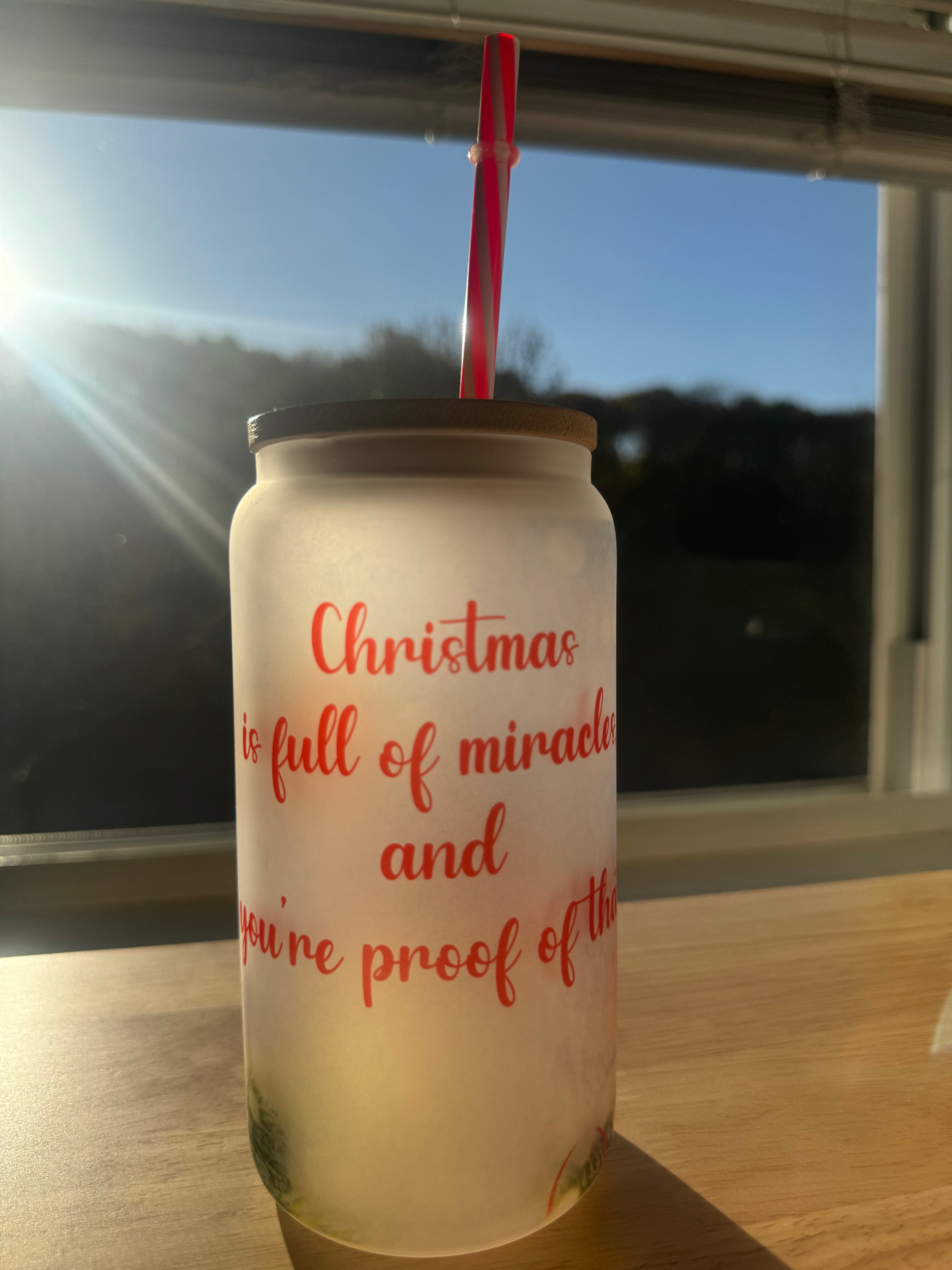 Frosted glass cup 16oz, Iced Coffee Cup,Glass Cup with Lid and, Christmas is full of miracle