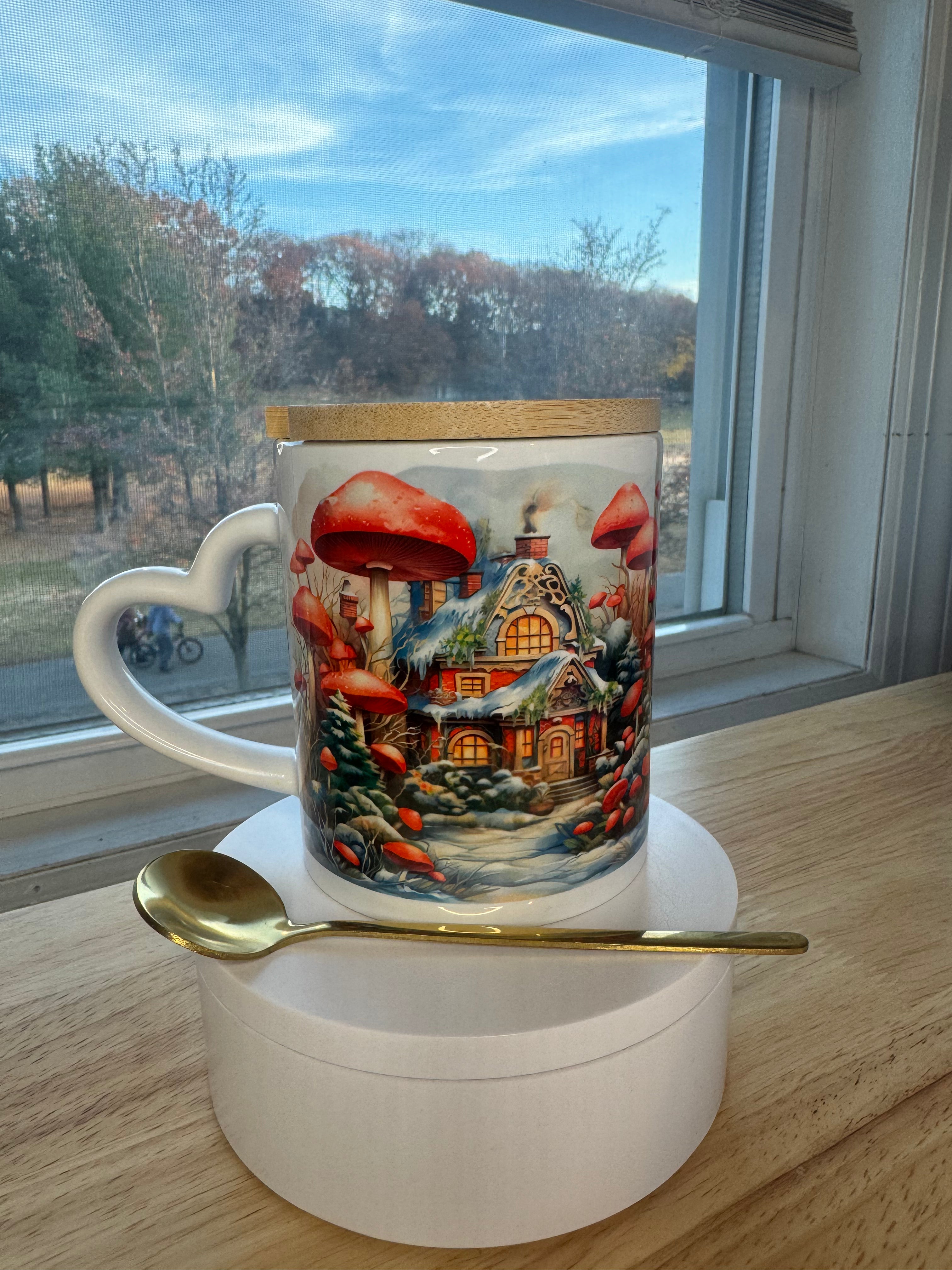 Christmas mug with lid and spoon, heart handle Sublimation mug