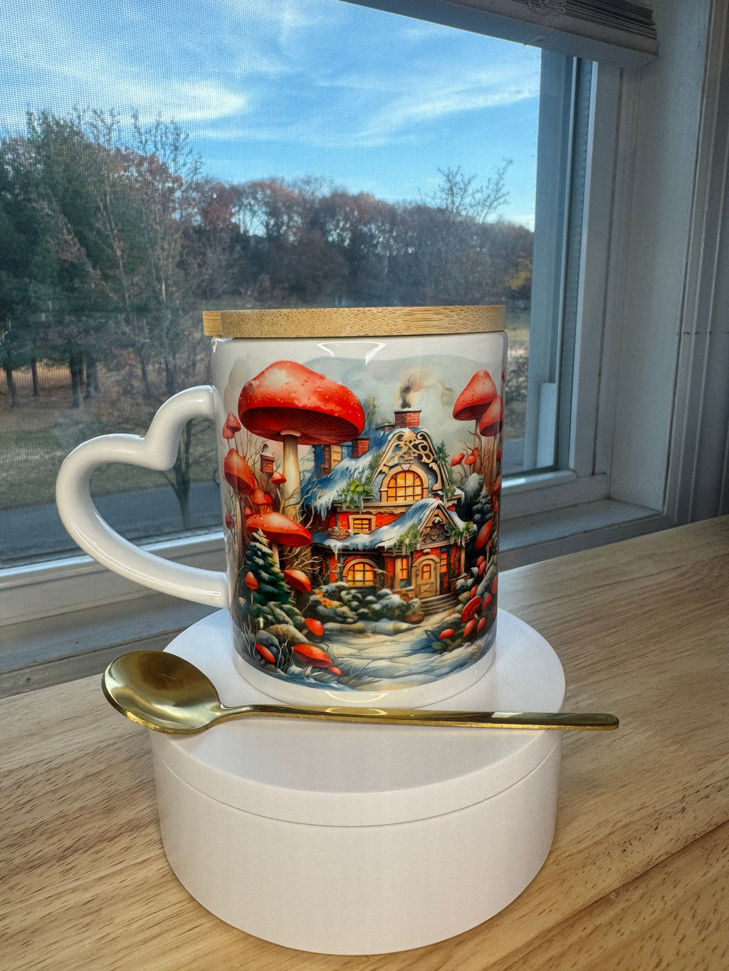 Christmas mug with lid and spoon, heart handle Sublimation mug - Sweet Vision LLC
