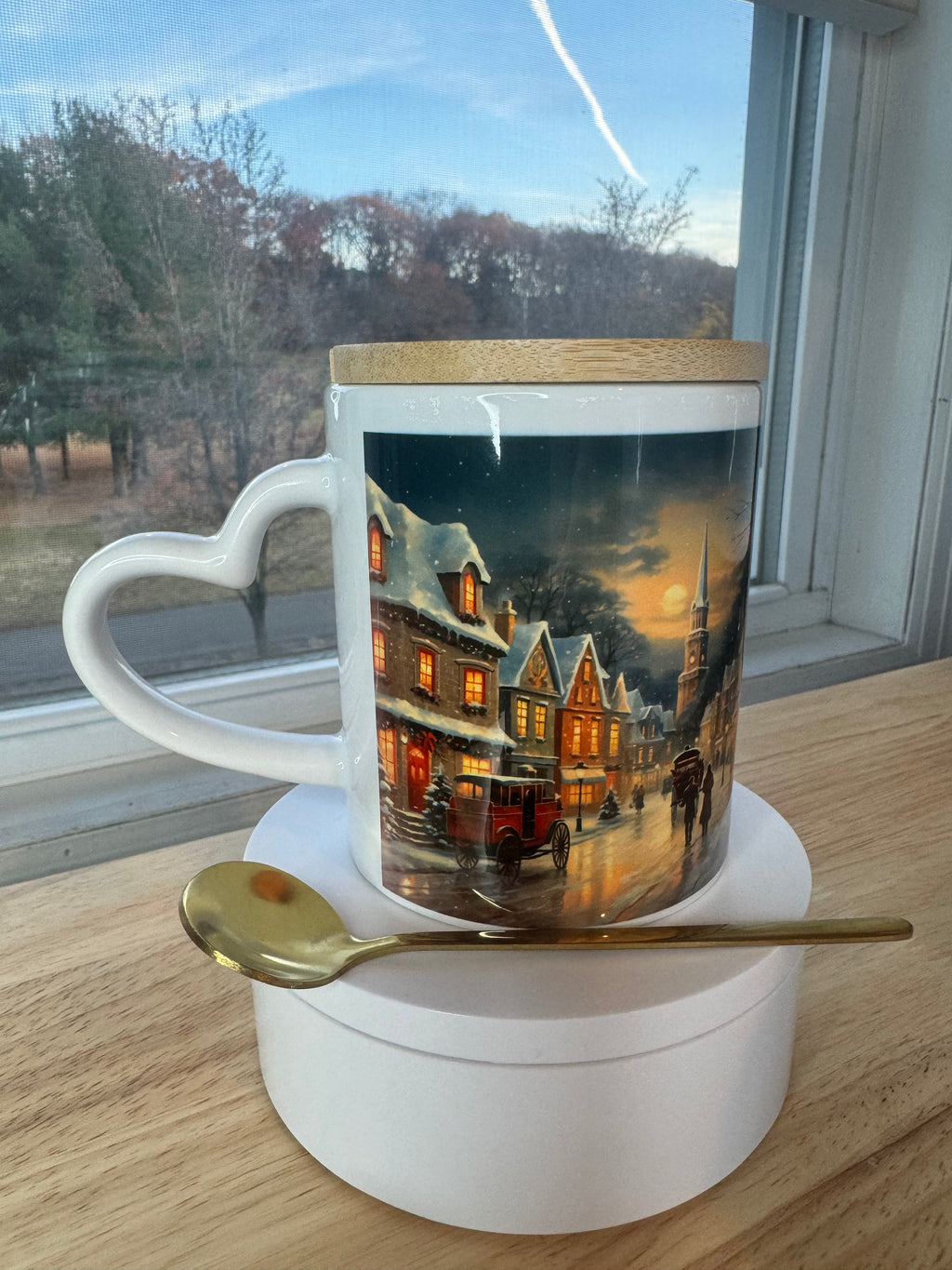 Christmas mug with lid and spoon, heart handle Sublimation mug - Sweet Vision LLC