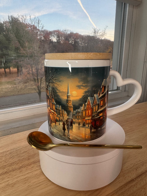 Christmas mug with lid and spoon, heart handle Sublimation mug - Sweet Vision LLC