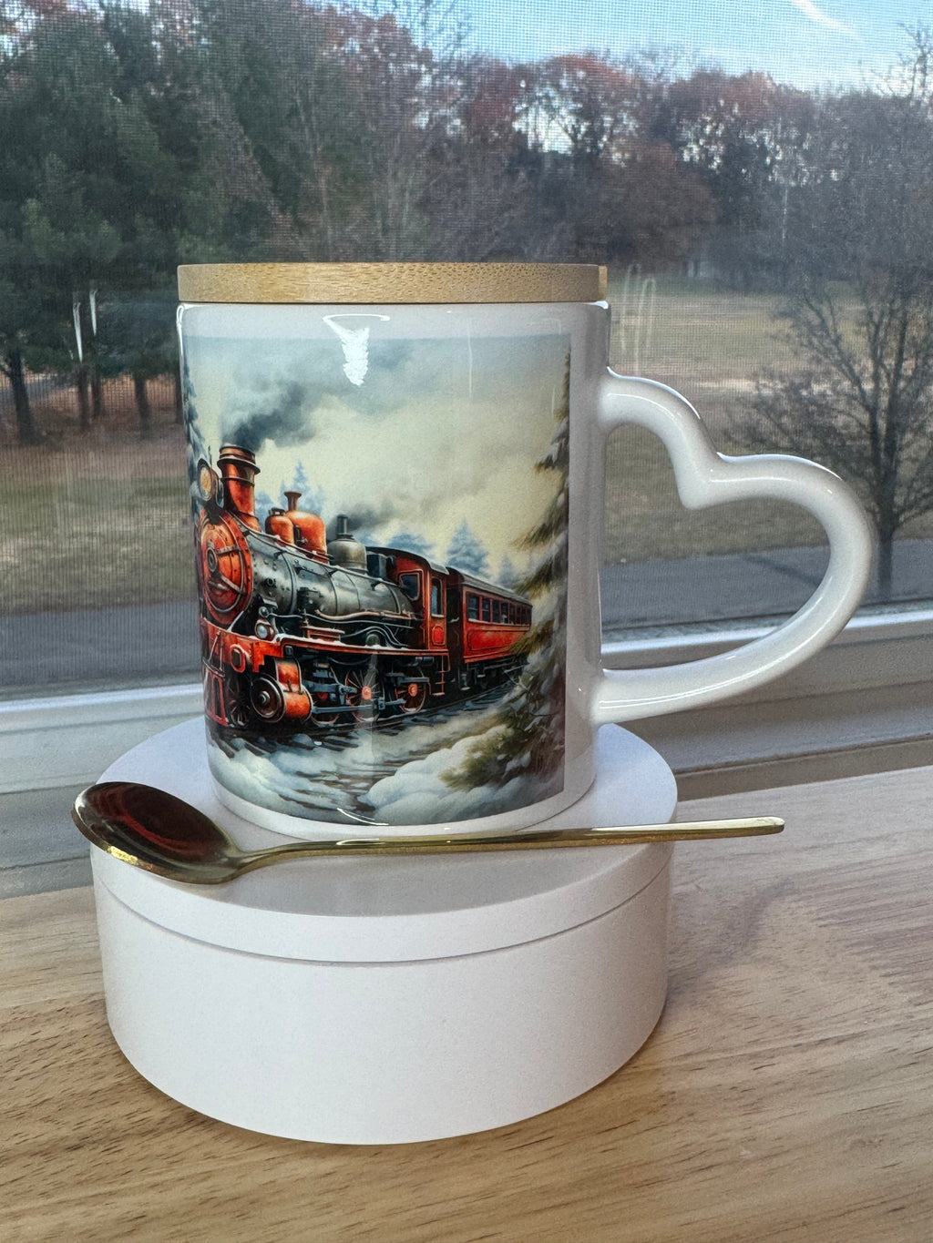 Christmas mug with lid and spoon, heart handle Sublimation mug - Sweet Vision LLC