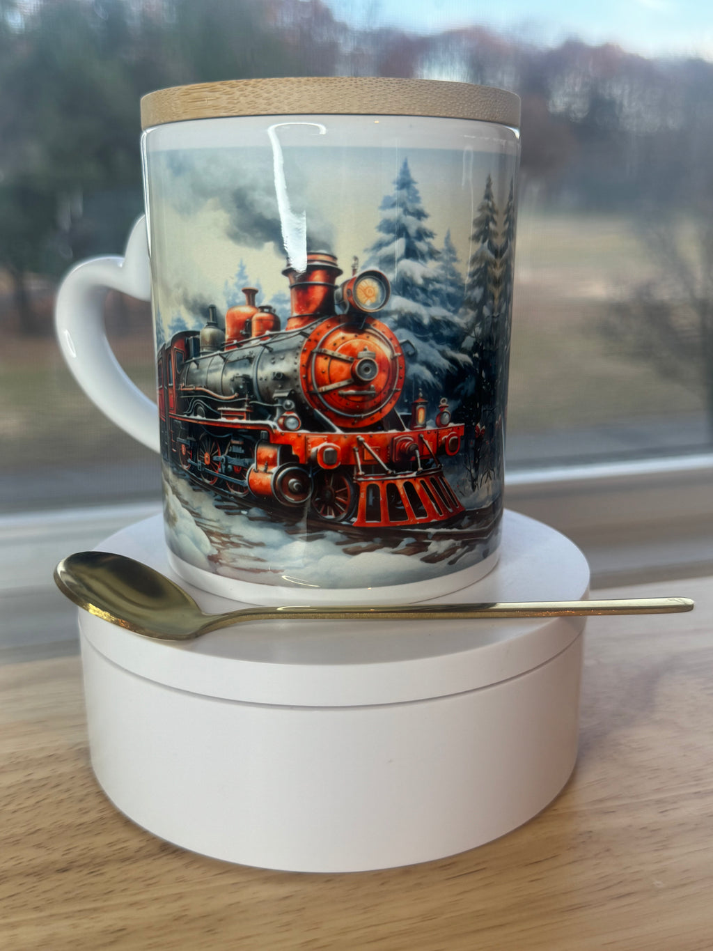 Christmas mug with lid and spoon, heart handle Sublimation mug - Sweet Vision LLC