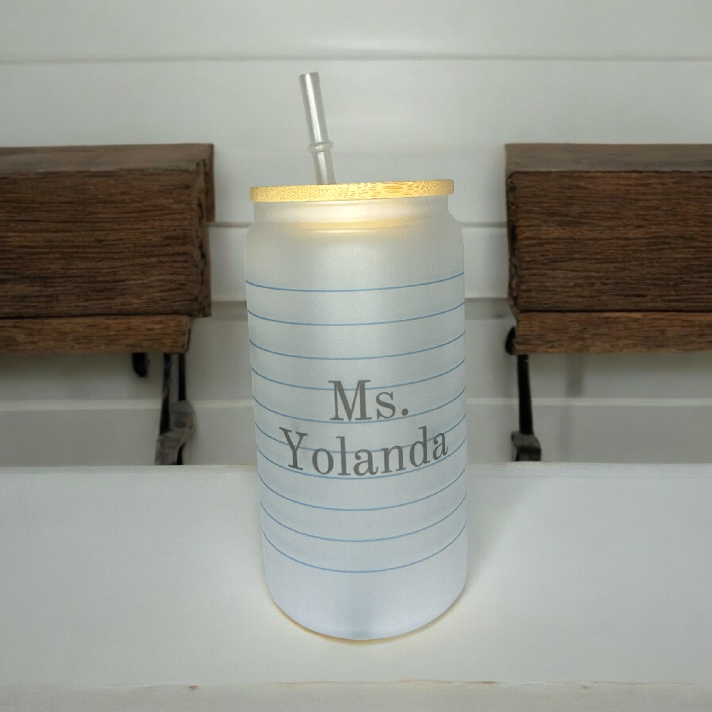 16oz frosted glass cup with bamboo lid and straw, teacher cup, birthday gift, big heart