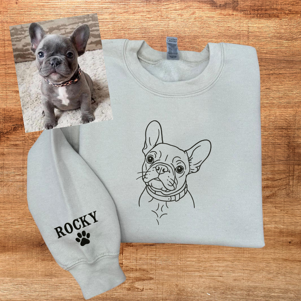 Custom Embroidered Pet (Dog) Portrait Hoodie – Minimal Line Art with Pet Name & Paw Print