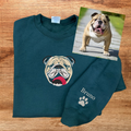 Custom pet portrait embroidered hoodie from Sweet Vision LLC, featuring detailed pet design on cozy hoodie fabric.