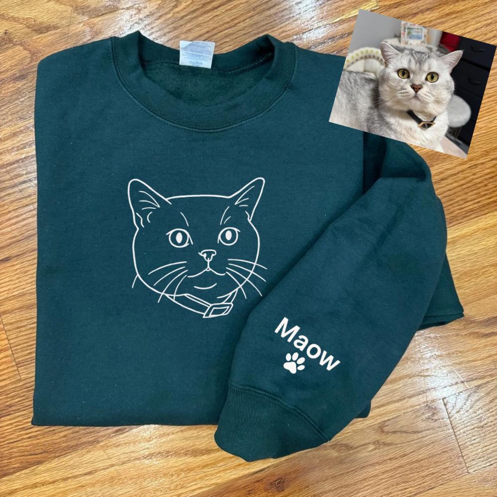 Custom Embroidered Pet (Cat) Portrait Hoodie – Minimal Line Art with Pet Name & Paw Print (Copy)