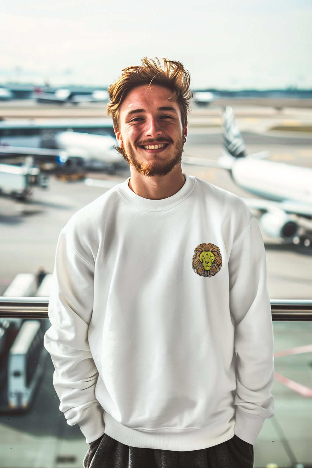 Smiling man wearing a unisex embroidered crewneck sweatshirt with lion design, stylish and cozy, at an airport.