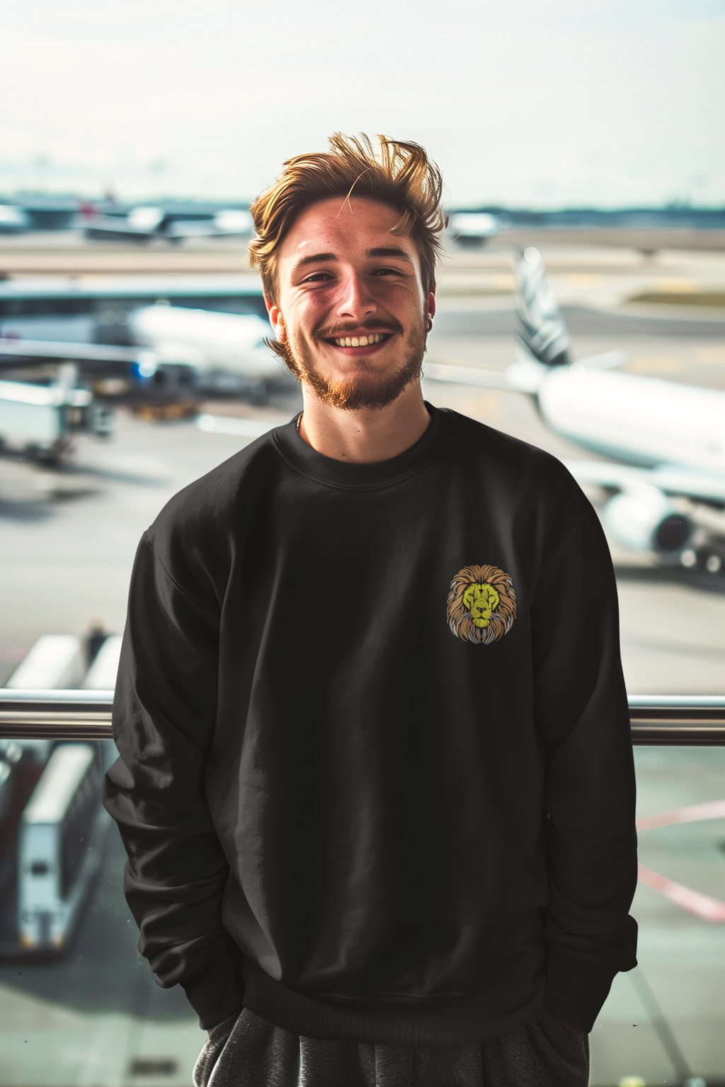 Smiling man wearing a unisex embroidered crewneck sweatshirt with a lion design, casual airport setting, cozy and stylish apparel.