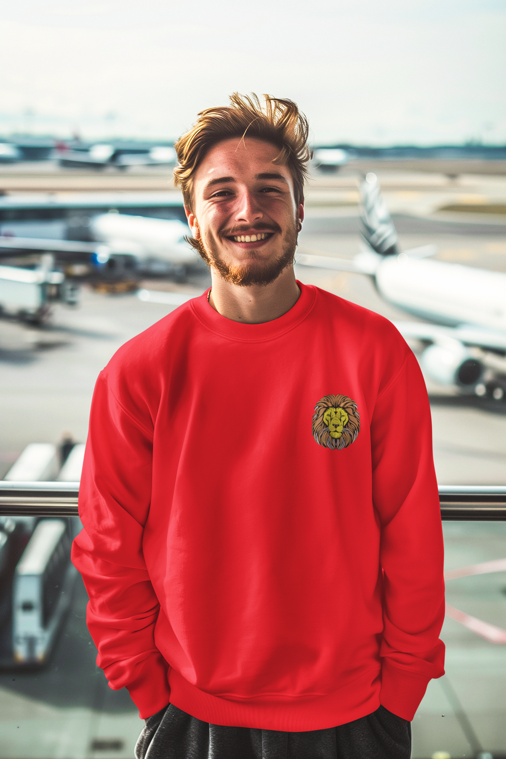 Smiling man wearing a unisex embroidered crewneck sweatshirt with a lion design, perfect for cozy and stylish casual wear.