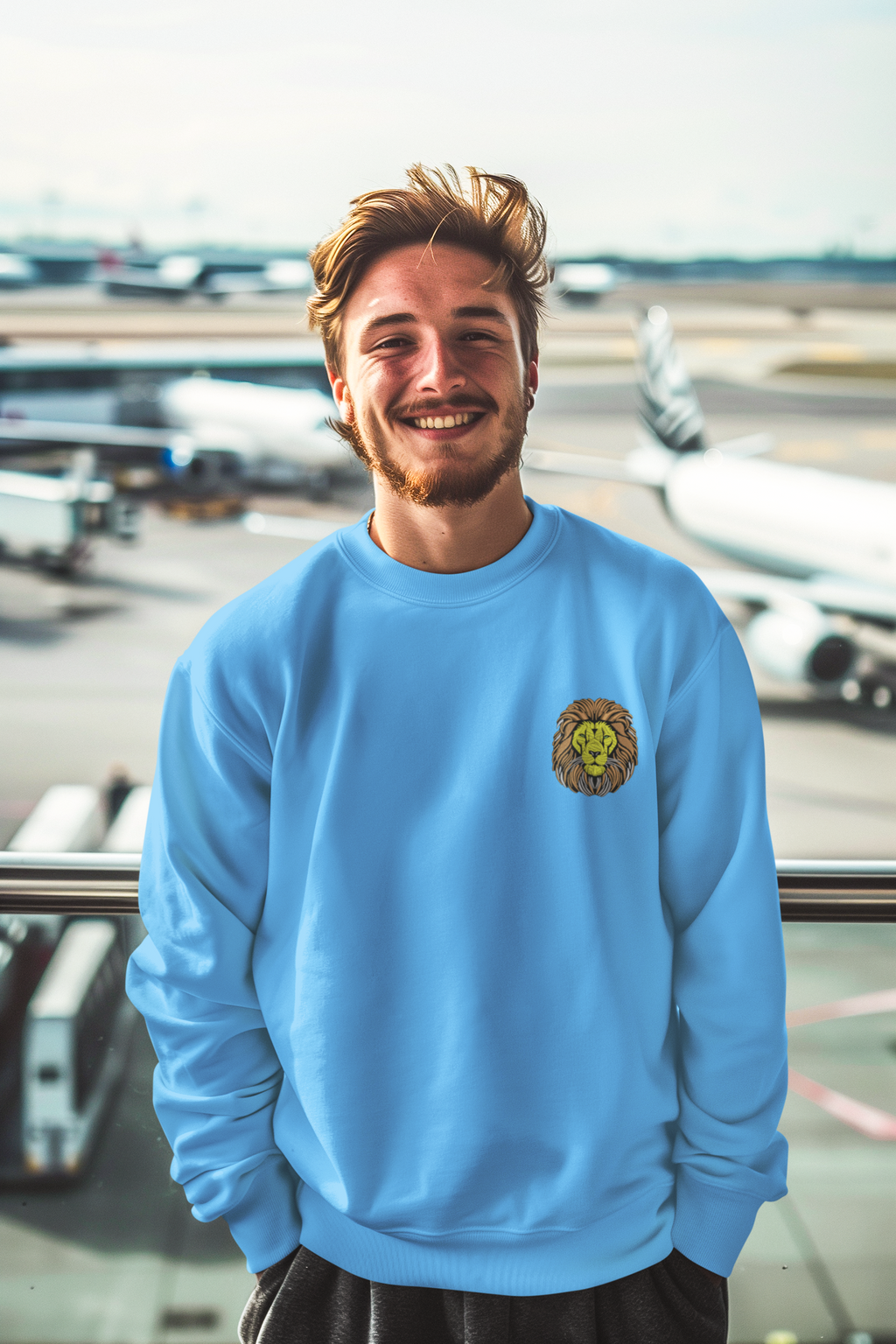 Smiling man wearing a unisex embroidered crewneck sweatshirt with a lion design, casual style at an airport.