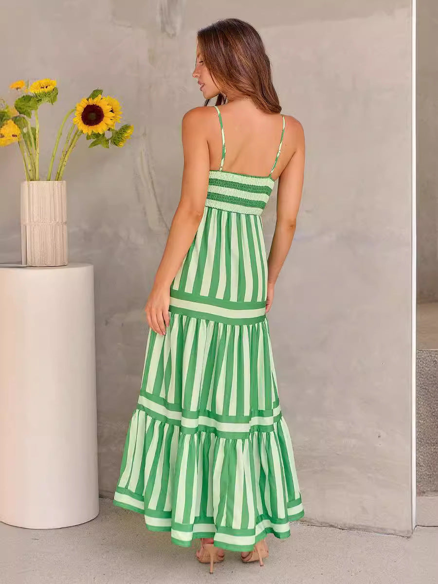 Summer Striped Printed Suspender Long Dress With Pockets Fashion Square Neck Backless Dresses For Beach Vacation Women Clothing - Sweet Vision LLC