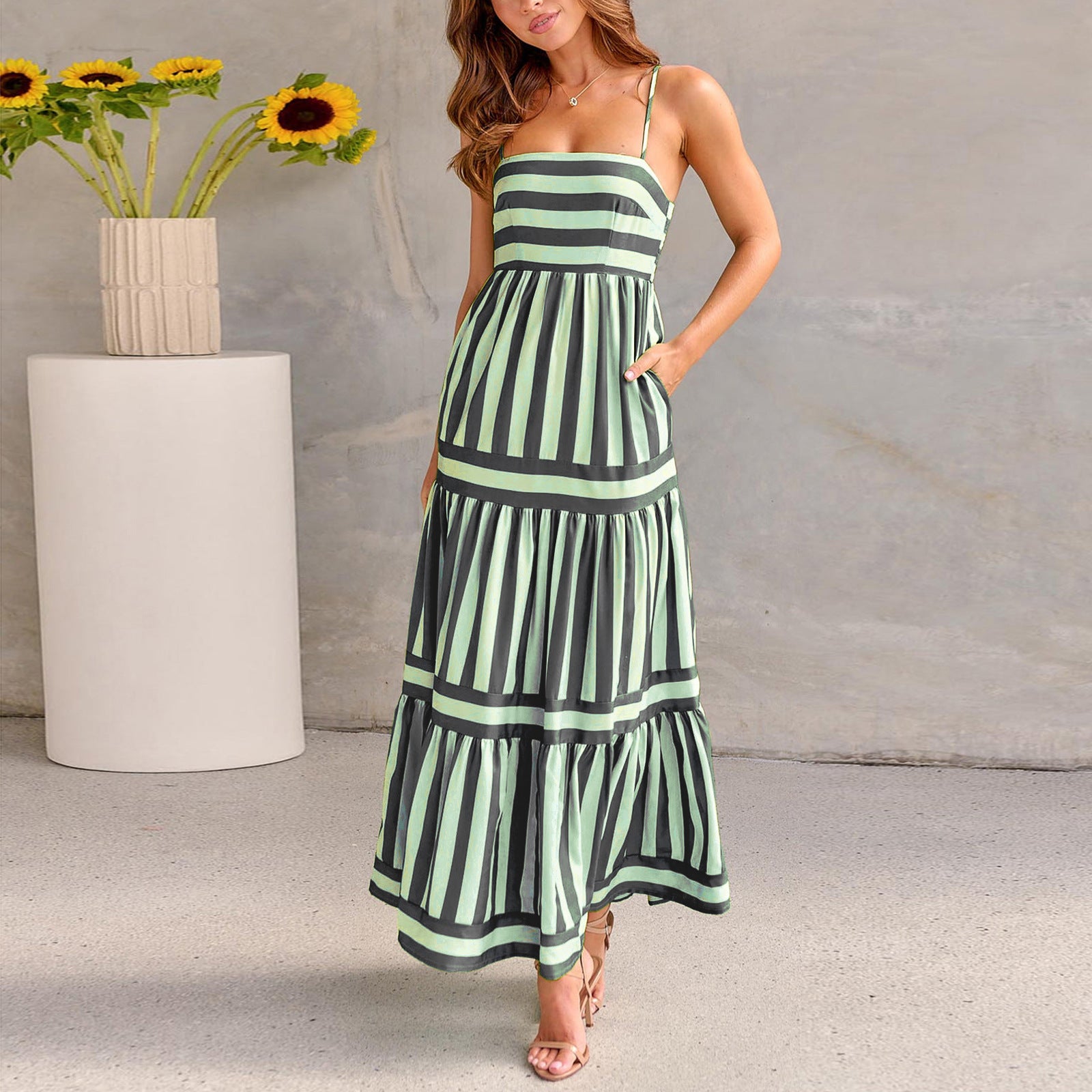 Summer Striped Printed Suspender Long Dress With Pockets Fashion Square Neck Backless Dresses For Beach Vacation Women Clothing - Sweet Vision LLC