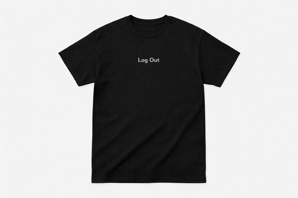 Black minimalist T-shirt on a white background with small centered text reading “Log Out” on the chest.