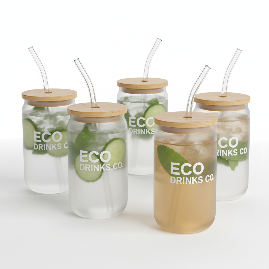 Custom Frosted Glass Cups with Lid and Straw