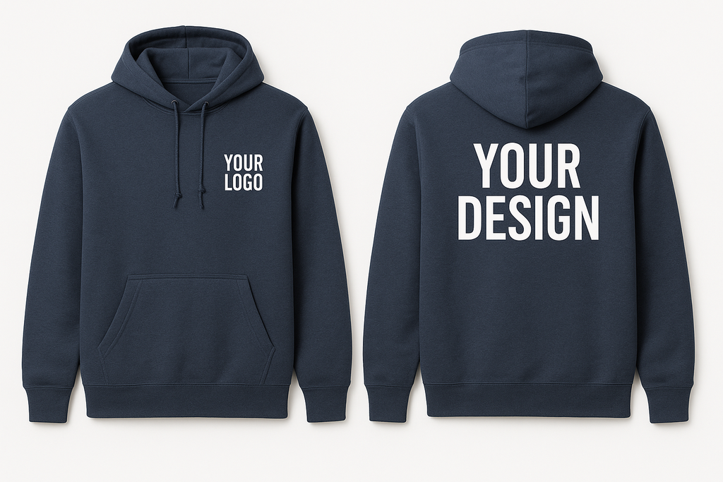 Custom printed hoodie by Sweet Vision LLC featuring personalized logo on front left chest and back.