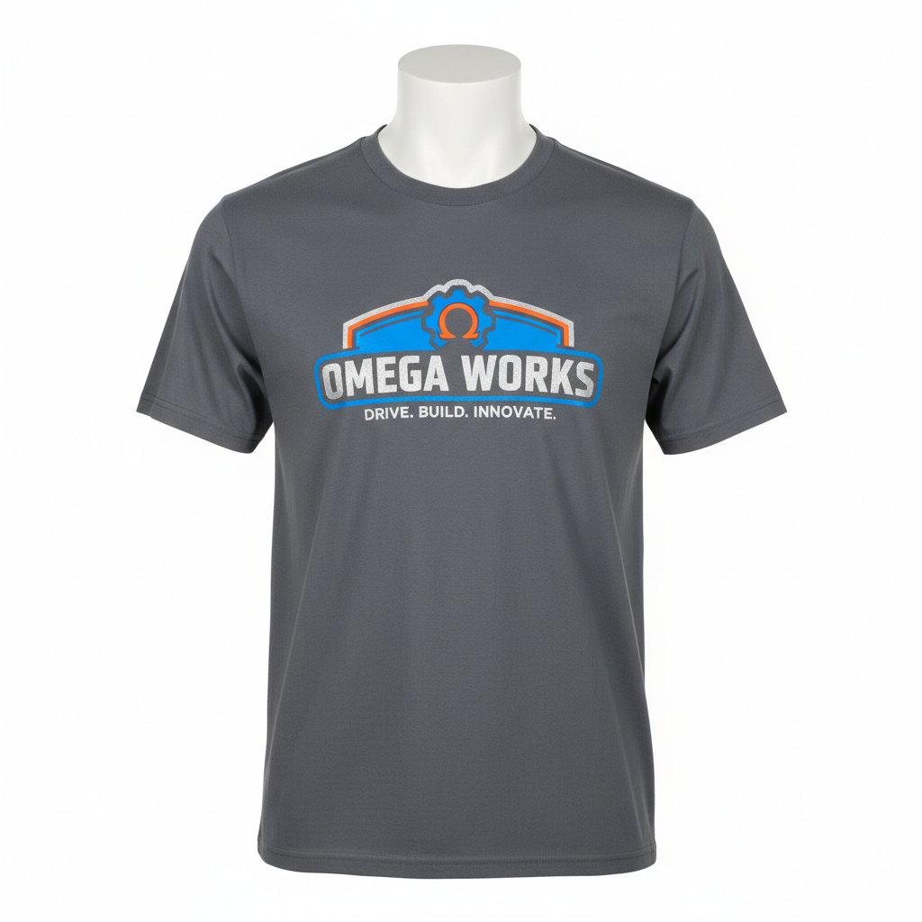 Gray t-shirt with 'Omega Works' logo on a mannequin against a white background