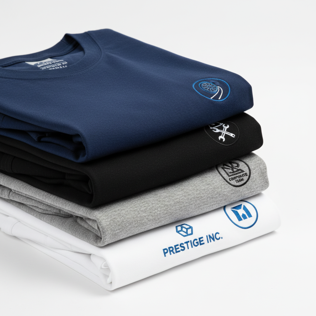 Custom embroidered ManiaWear T-shirt with business logo, showing detailed stitching and fabric texture.