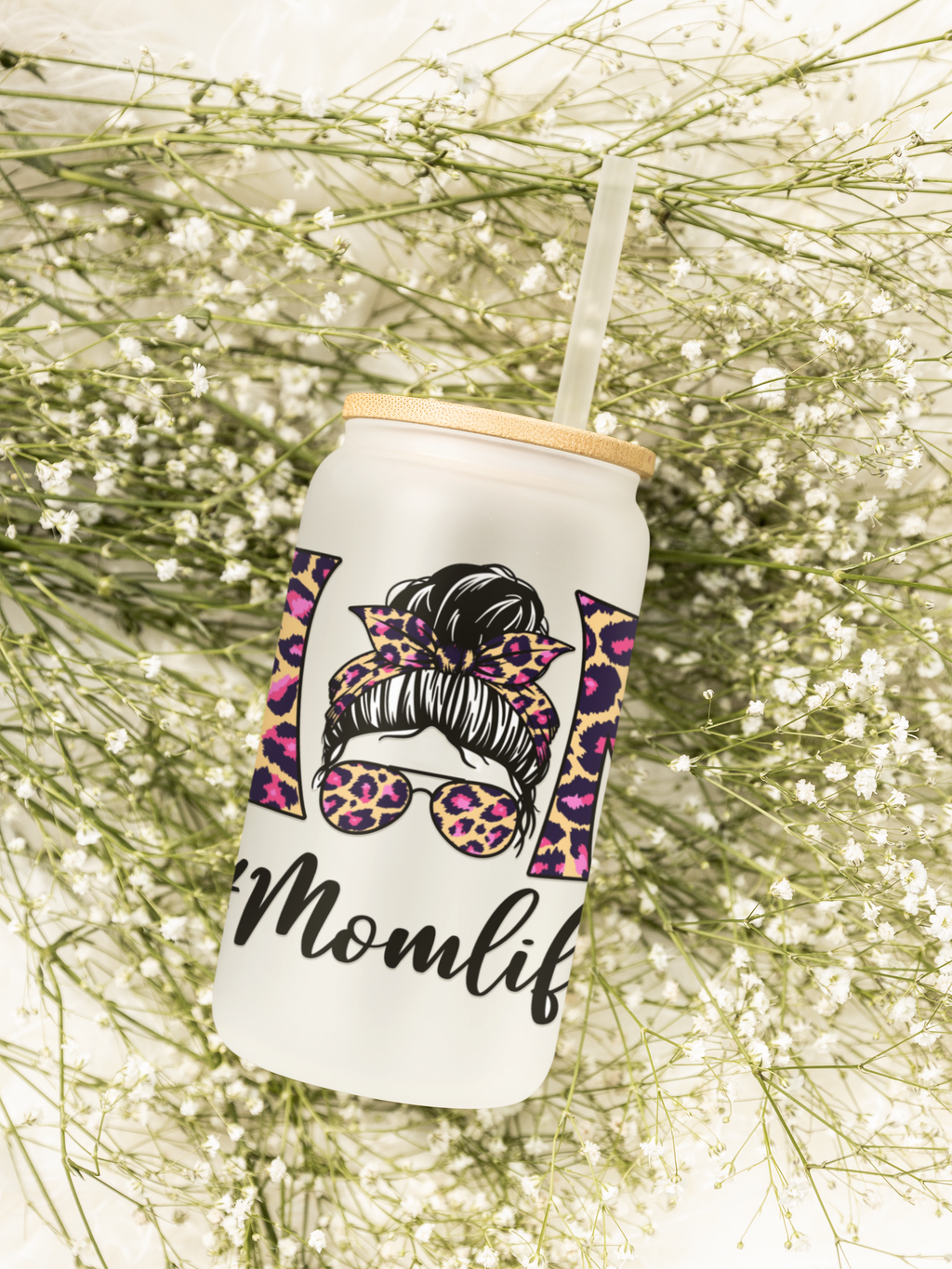 Frosted glass cup with lid and straw,  Leopard Print Mom Life Can Cooler with Straw - Sweet Vision LLC