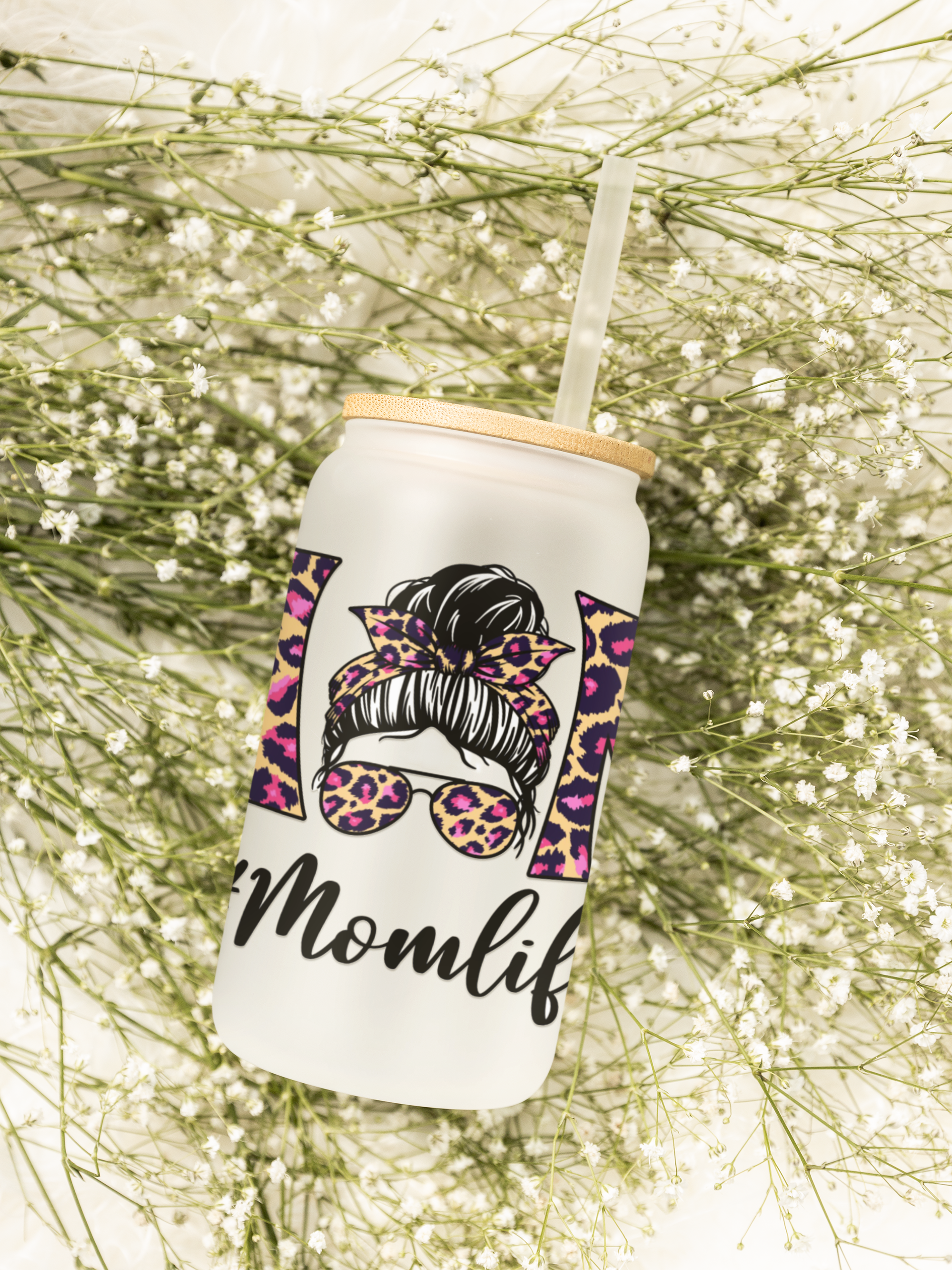 Frosted glass cup with lid and straw,  Leopard Print Mom Life Can Cooler with Straw