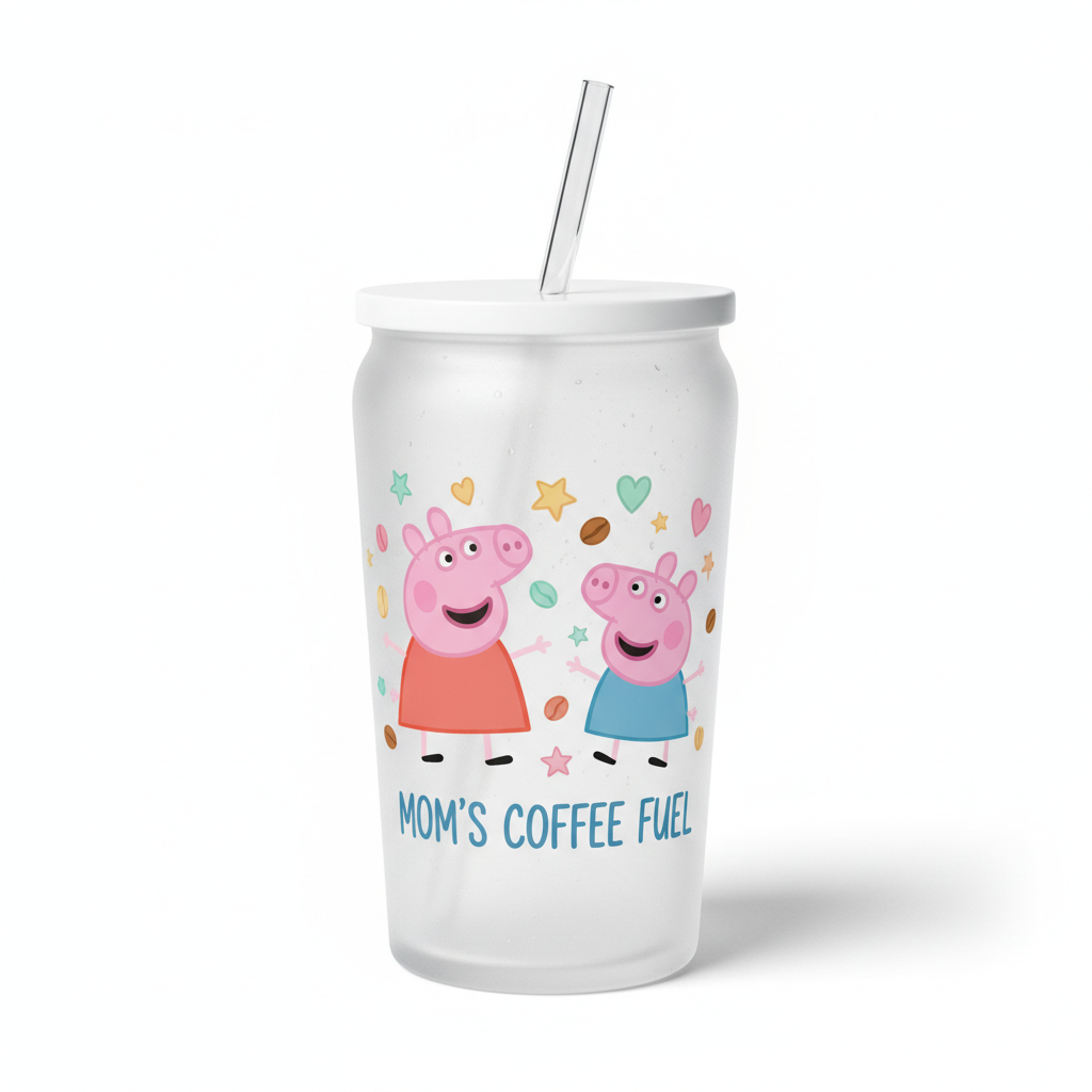 Frosted glass iced coffee cup with Pepa and George Pig