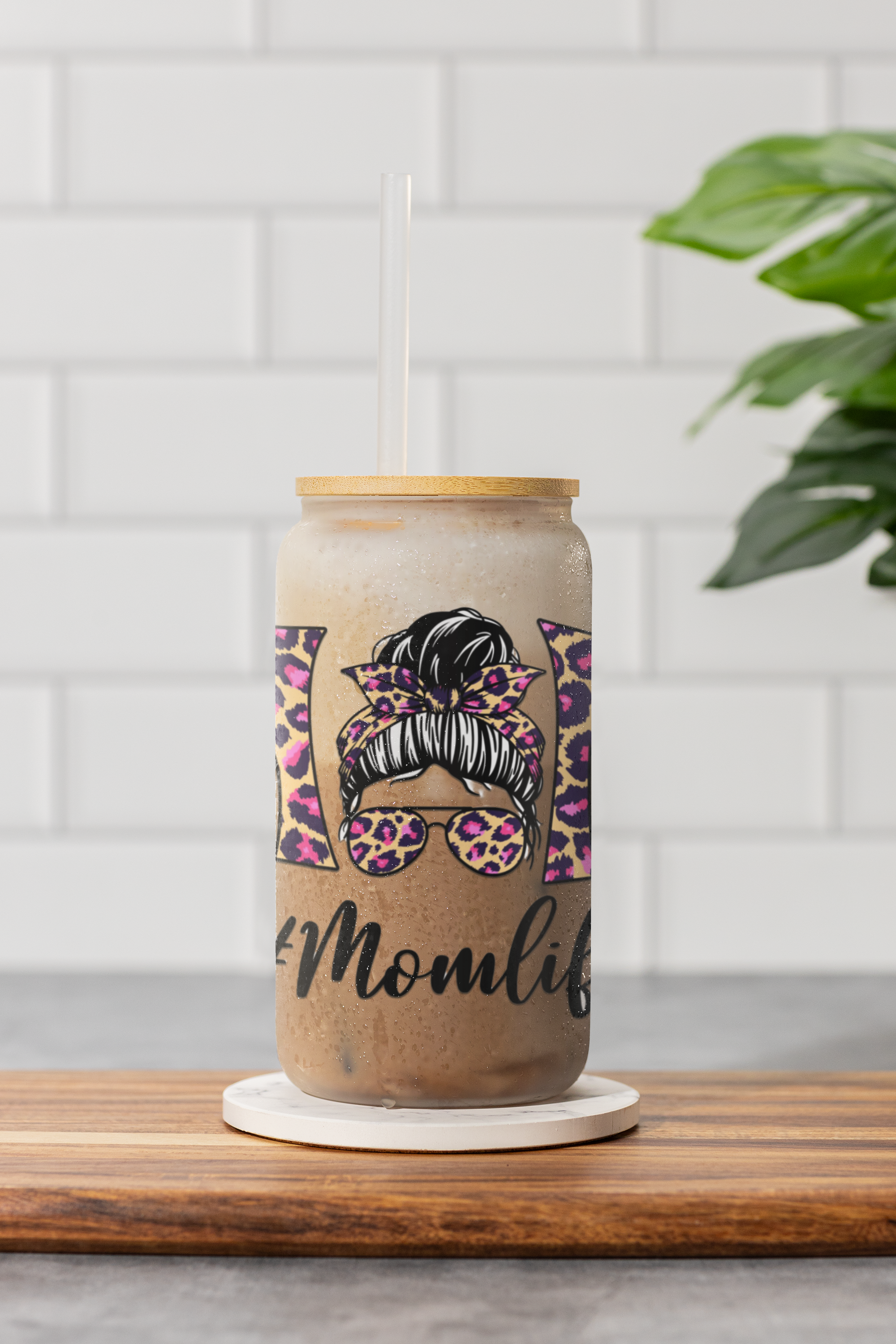 Frosted glass cup with lid and straw,  Leopard Print Mom Life Can Cooler with Straw