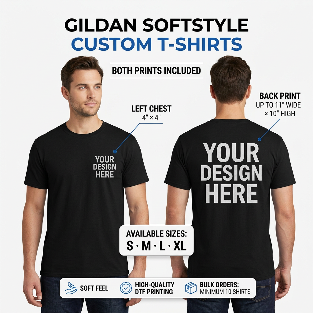 Black Gildan Soft style T-shirt shown from the front and back, featuring a 4 × 4-inch left-chest print and a back print up to 11 inches wide