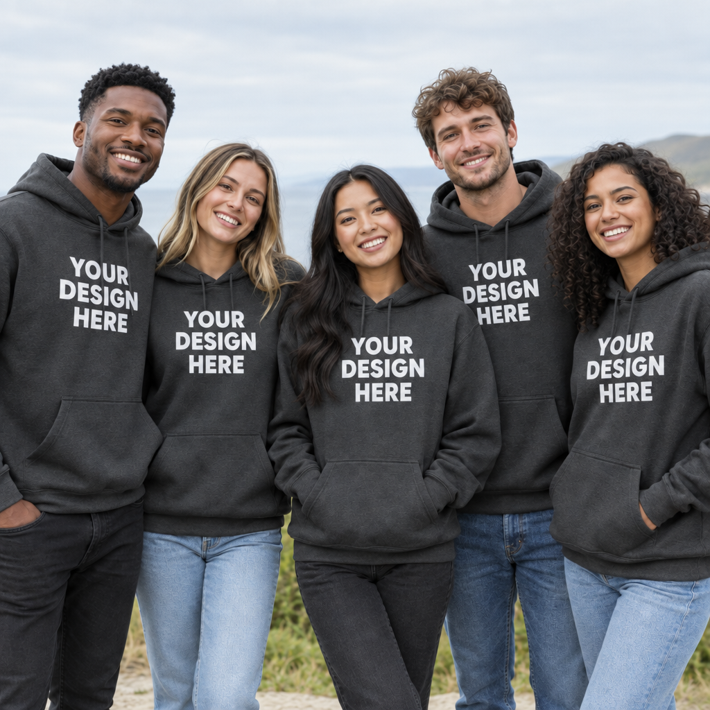 Illustrative image of five people in charcoal hoodies, each printed with YOUR DESIGN HERE