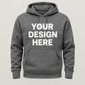 Charcoal gray pullover hoodie front mockup with white YOUR DESIGN HERE placeholder text