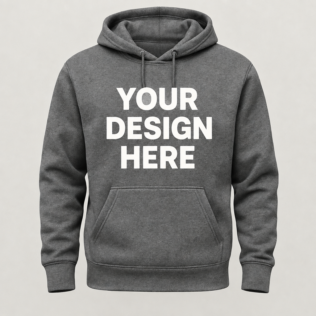 Charcoal gray pullover hoodie front mockup with white YOUR DESIGN HERE placeholder text