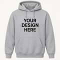 Illustrative front view of one gray hoodie printed with YOUR DESIGN HERE