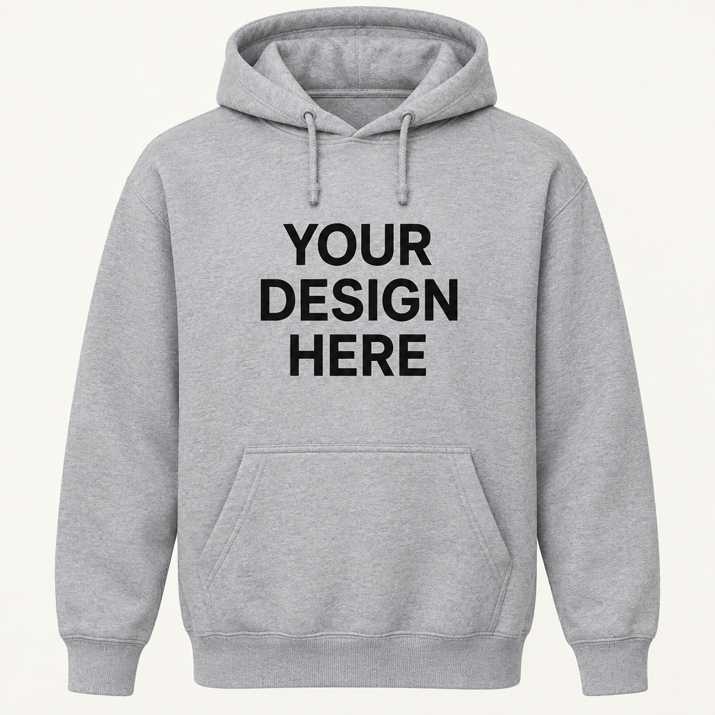 Illustrative front view of one gray hoodie printed with YOUR DESIGN HERE