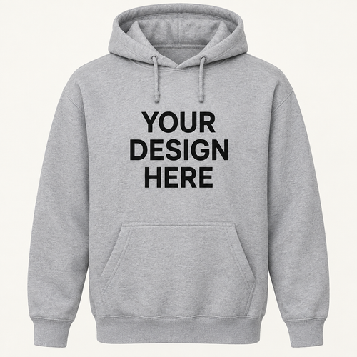 Illustrative front view of one gray hoodie printed with YOUR DESIGN HERE