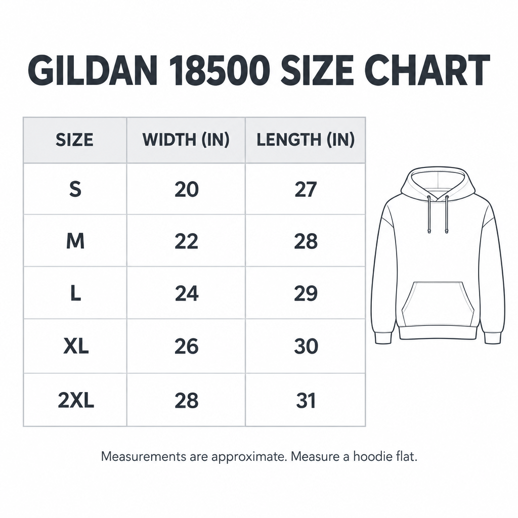 Gildan 18500 approximate flat measurements in inches, sizes S through 2XL
