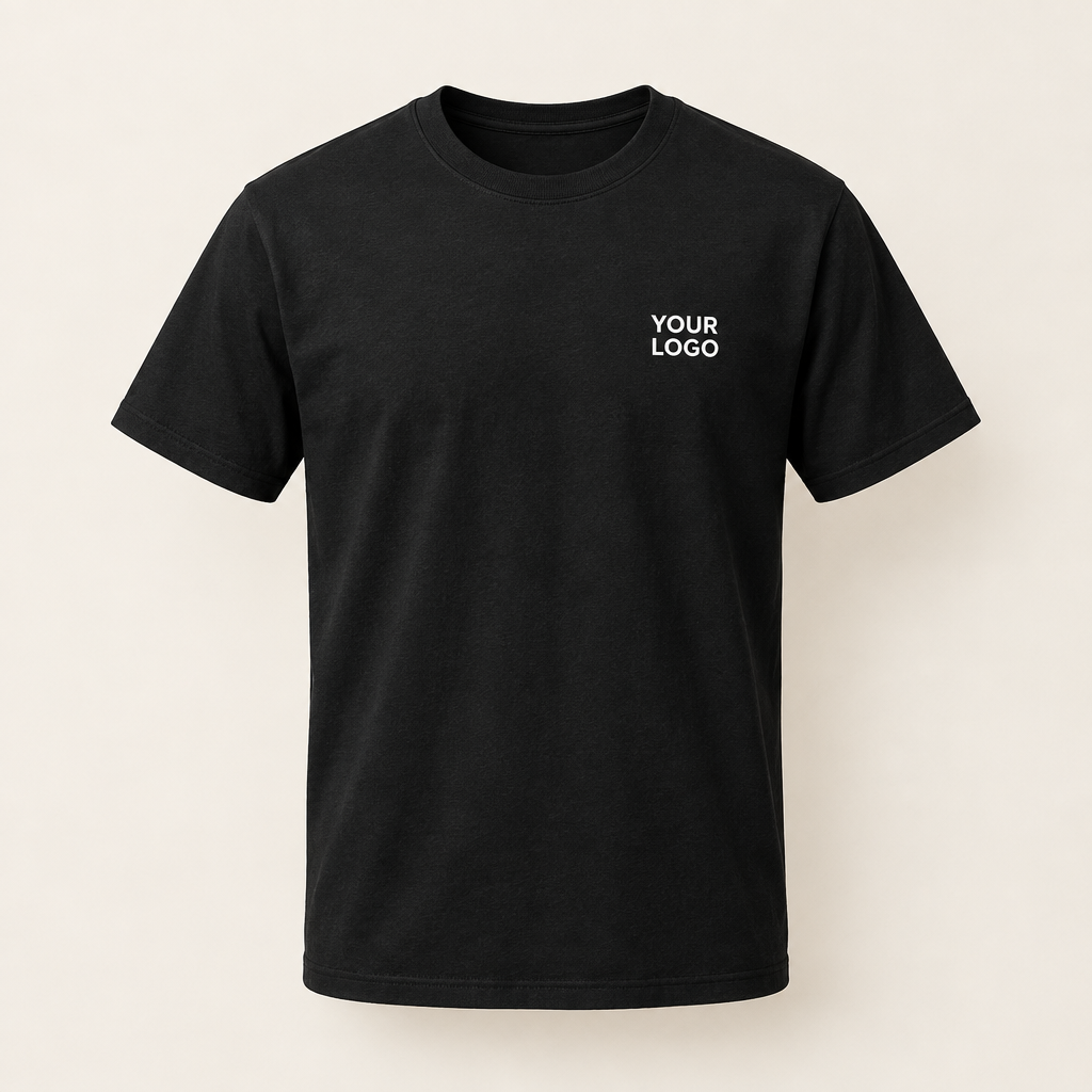 Illustrative black T-shirt with a small YOUR LOGO print on the left chest