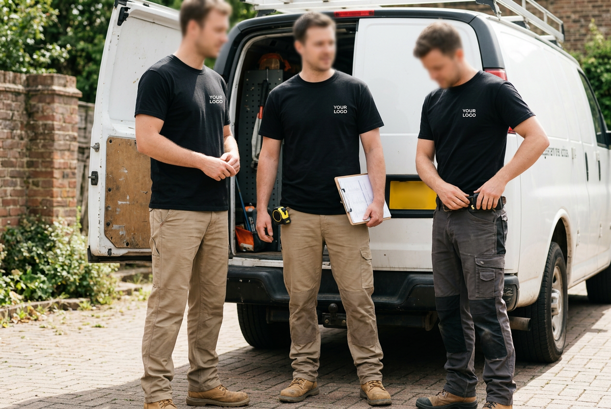 Lifestyle photo of a team wearing matching T-shirts with a chest print