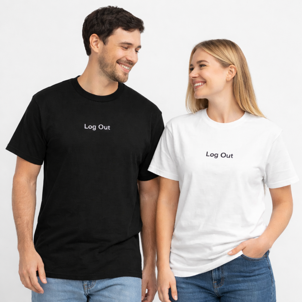 Couple wearing matching Log Out embroidered t-shirts in black and white, minimalist unisex streetwear
