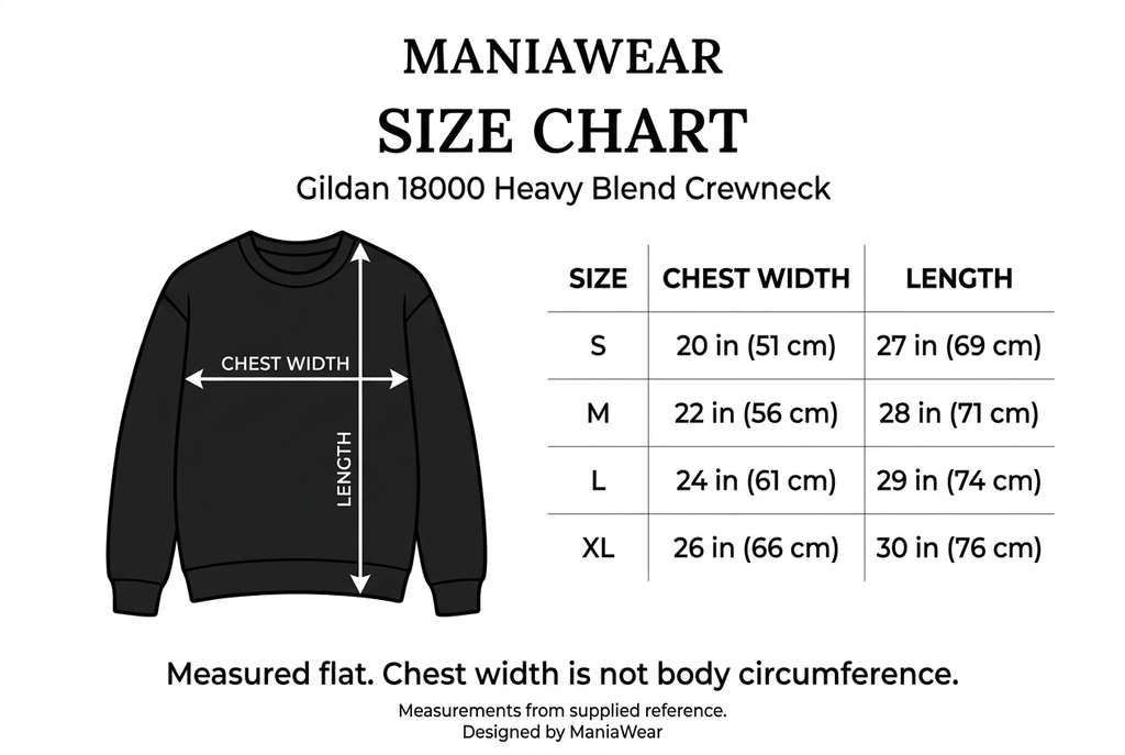 ManiaWear sweatshirt size chart S–XL