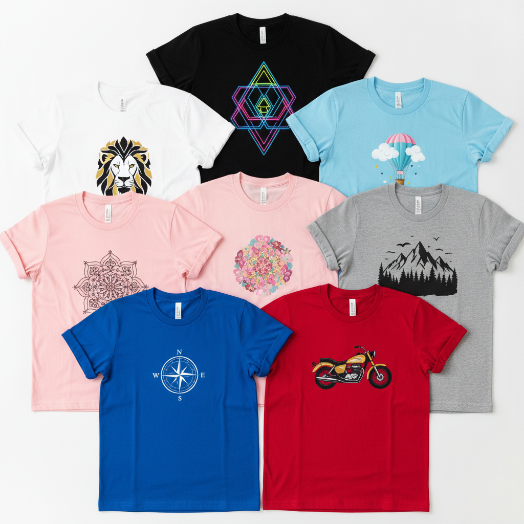 Flat lay of colorful ManiaWear custom T-shirts arranged in a display, showcasing variety of styles and colors for bulk orders.