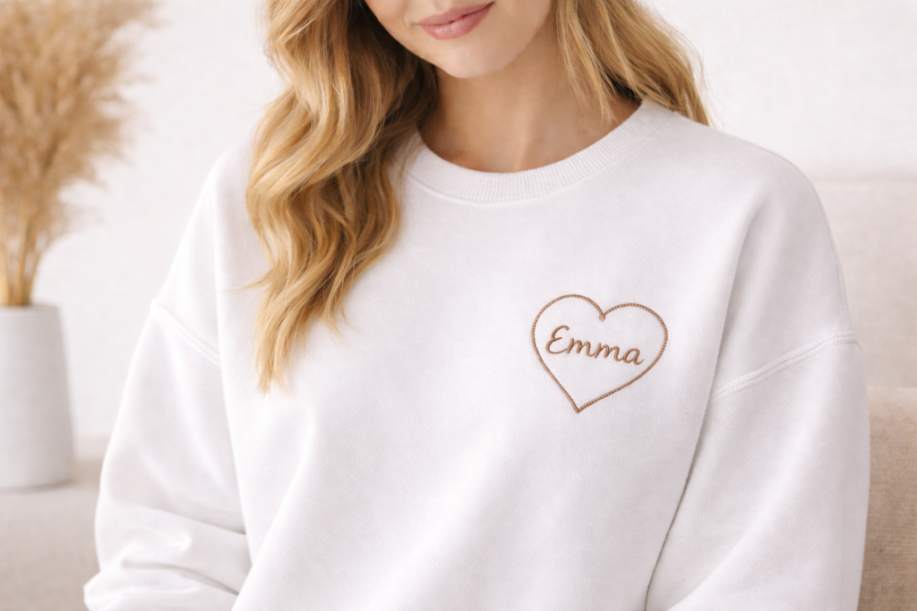 Personalized heart embroidered sweatshirt in white with custom name Emma on left chest
