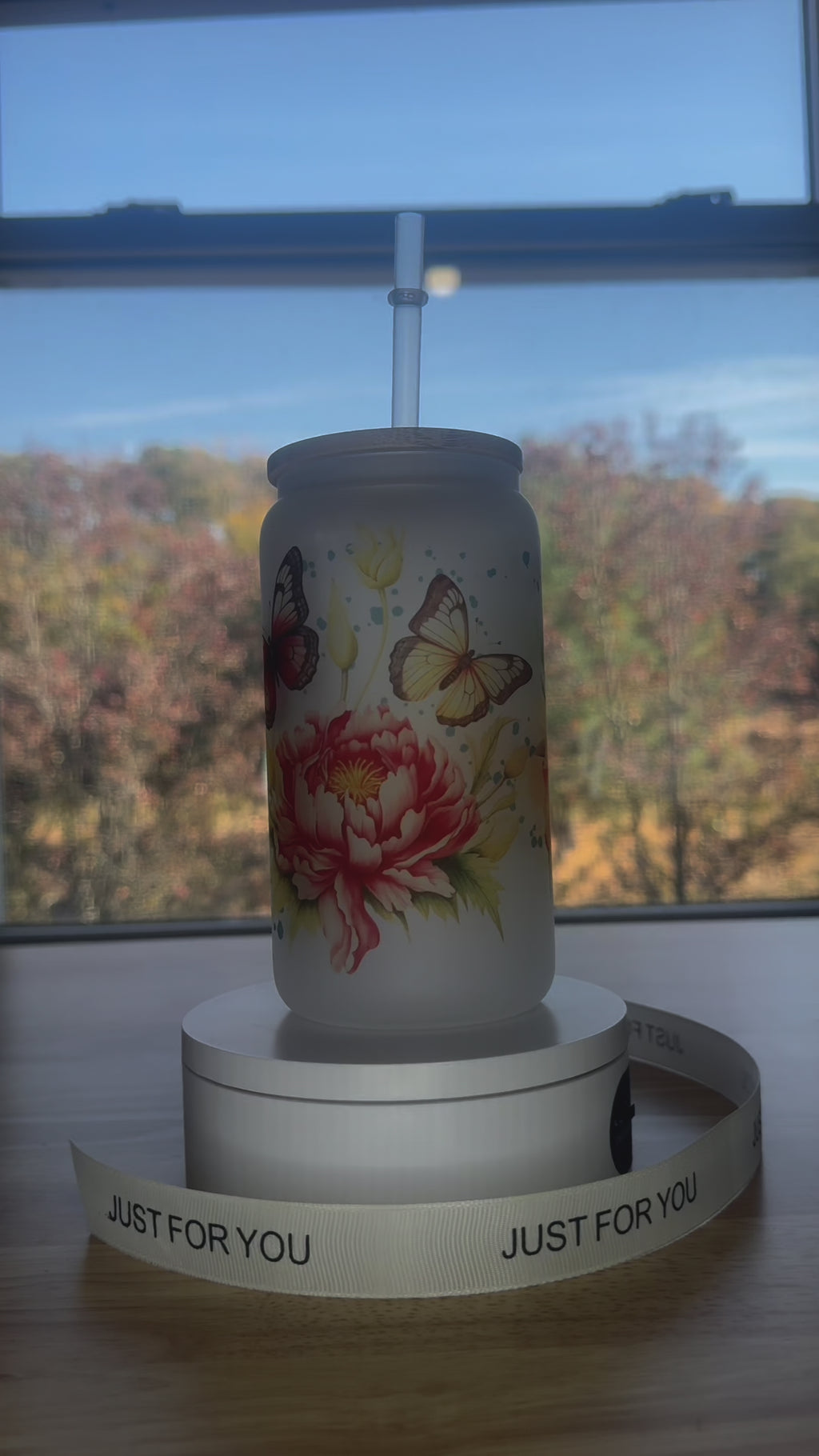 Custom personalized frosted glass cup with lid and straw 16oz