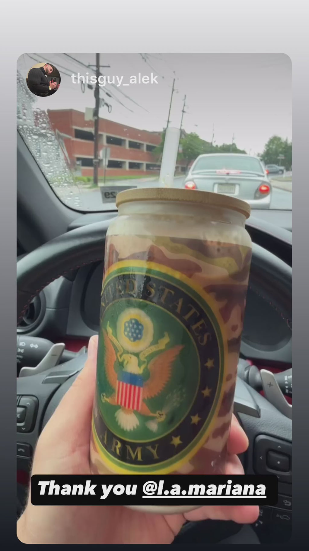 Frosted glass cup with lid and straw, US Army, Proud to Serve