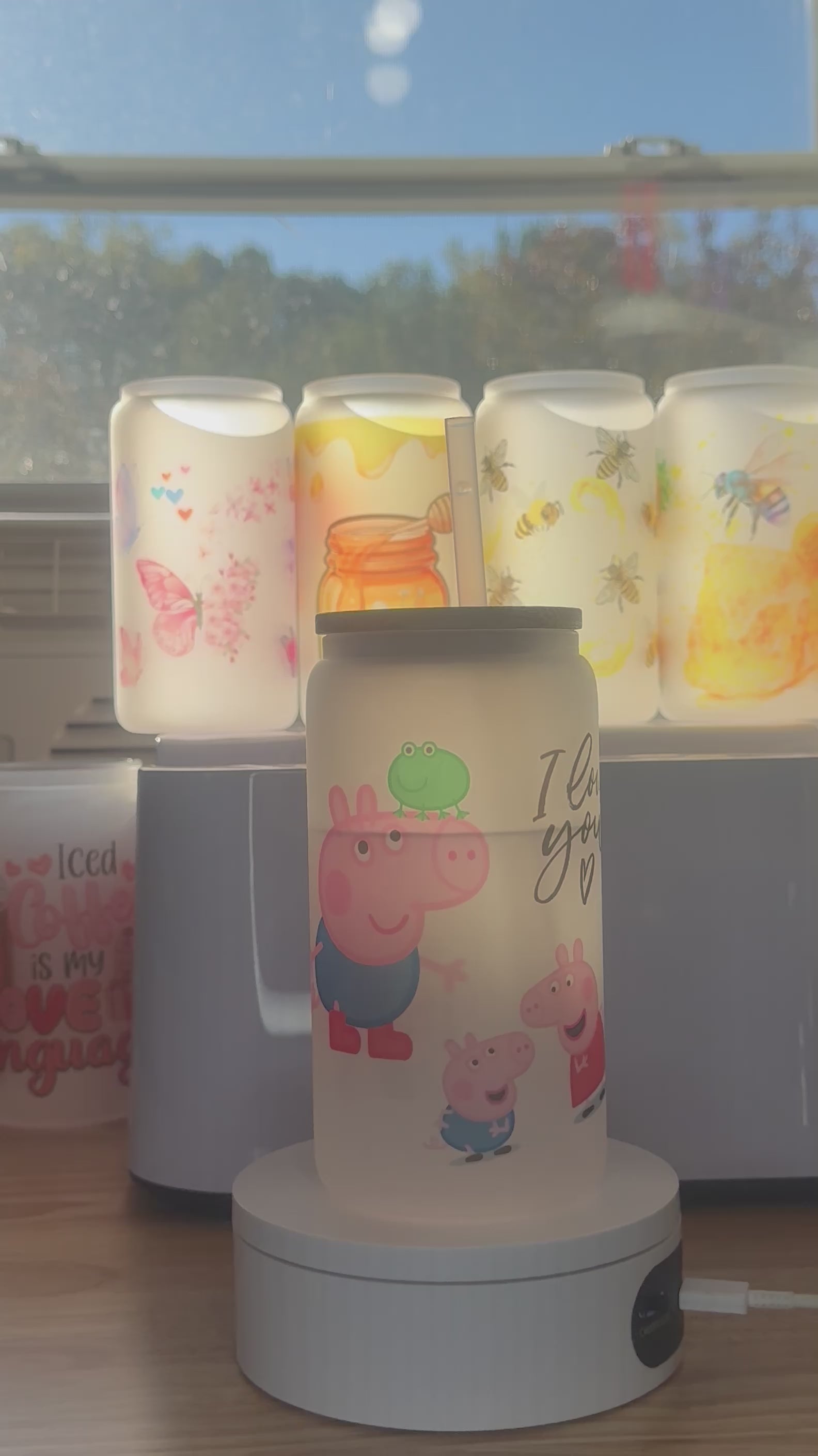 Frosted glass cup 16oz,Iced Coffee Cup, Mom iced coffee cup,Pepa pig and George pig, Glass Tumbler