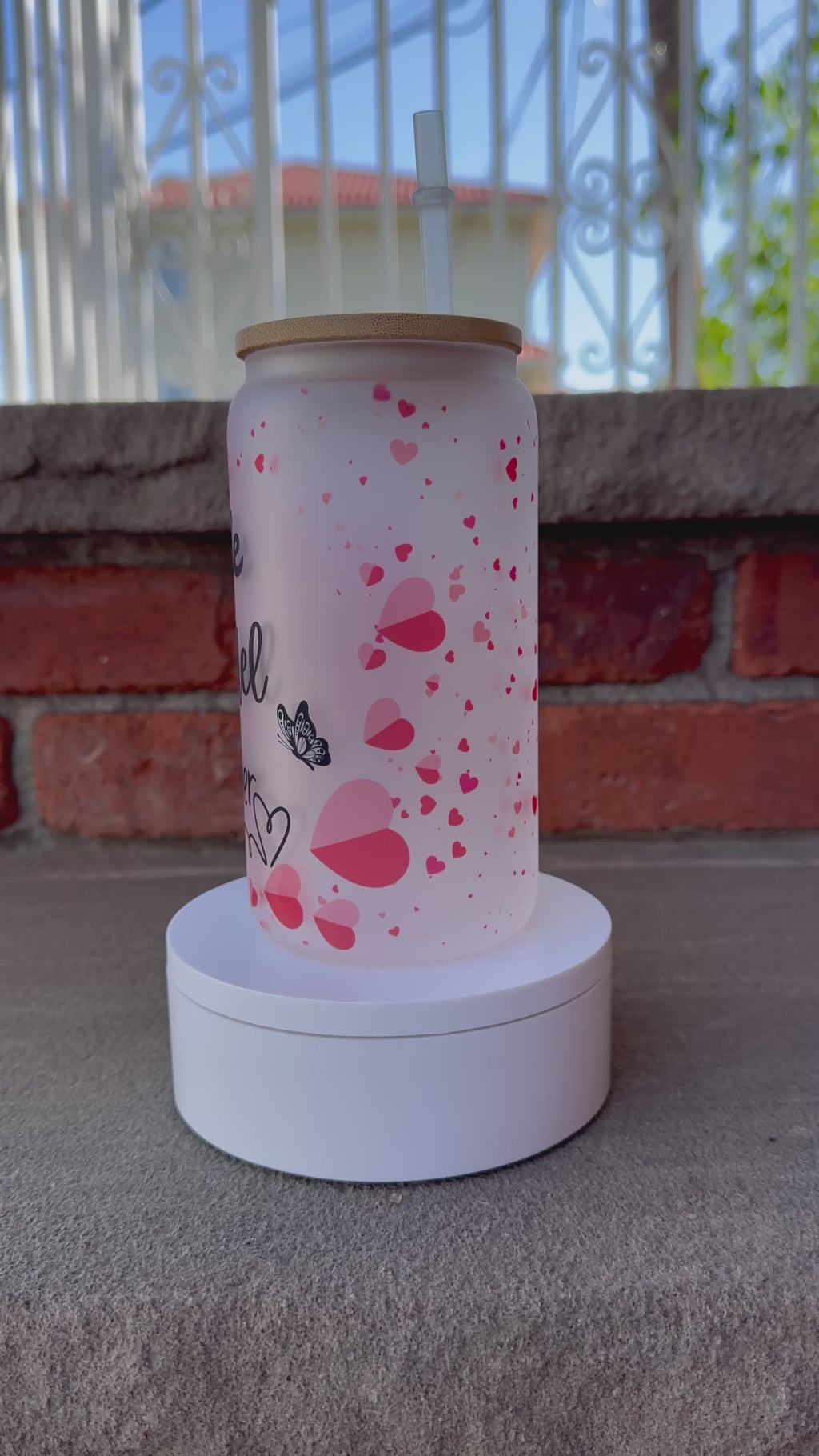 Frosted glass cup with lid and straw, Mom Life