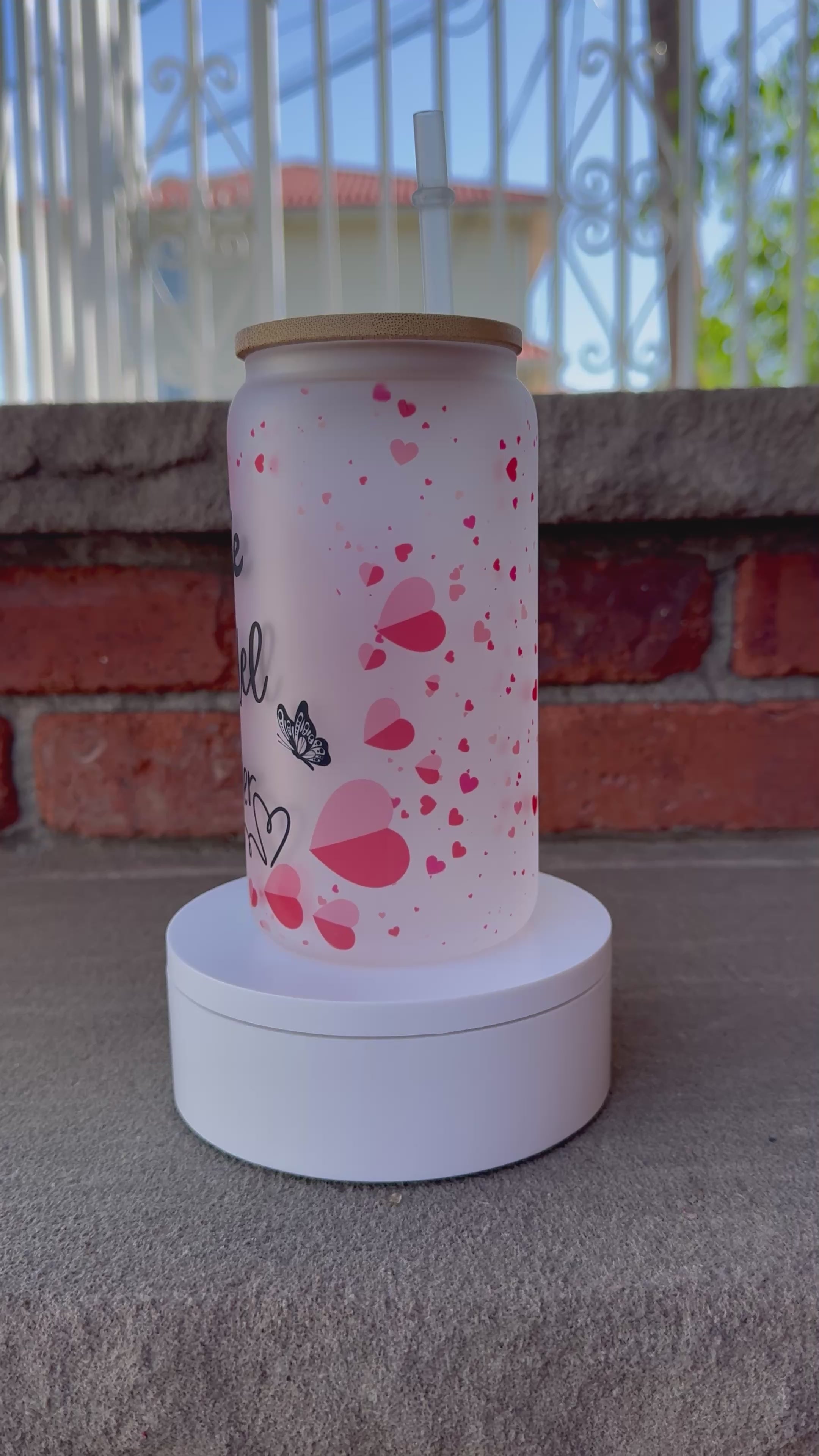 Frosted glass cup with lid and straw, Mom Life