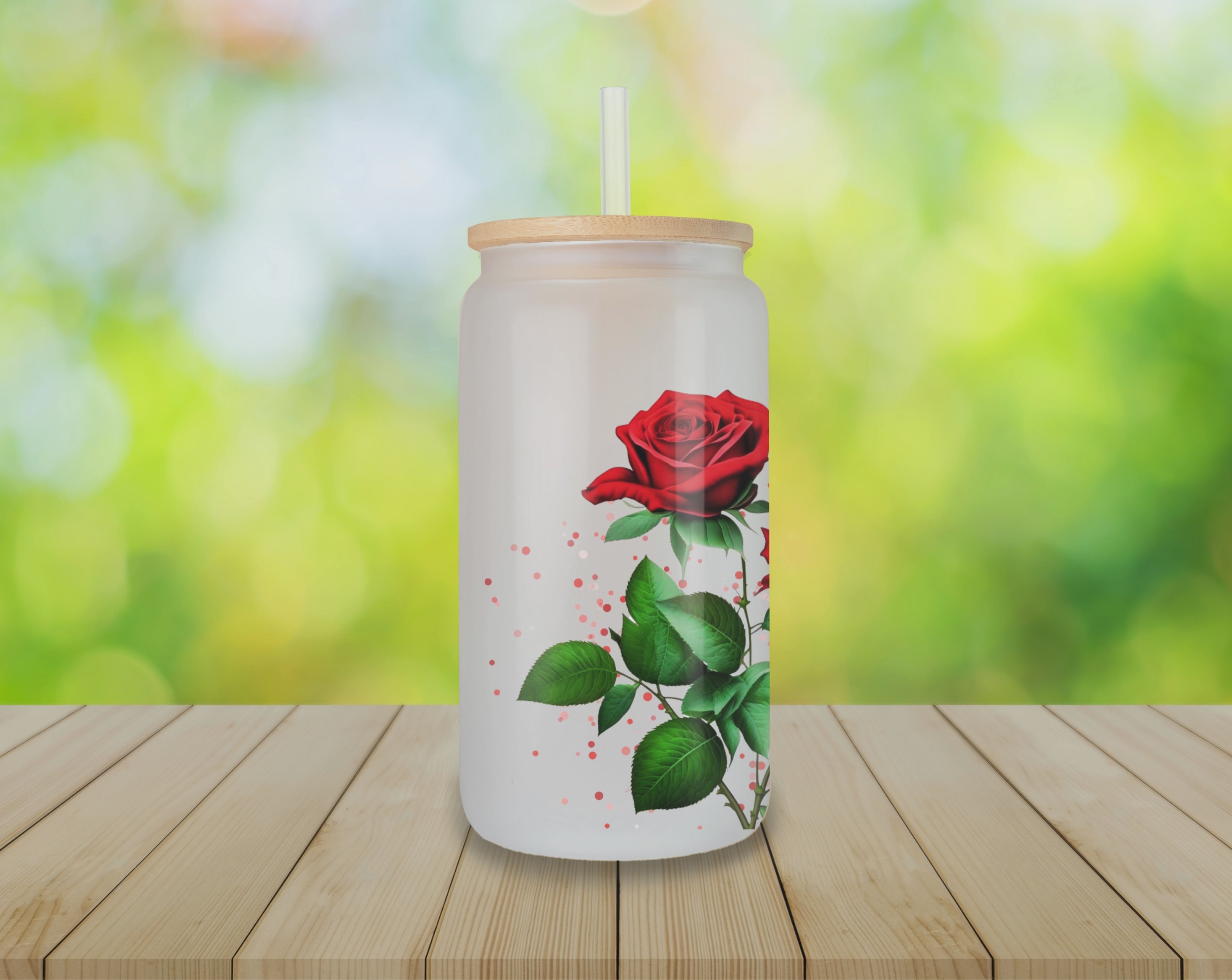 Custom personalized frosted glass cup with lid and straw 16oz , Flowers roses